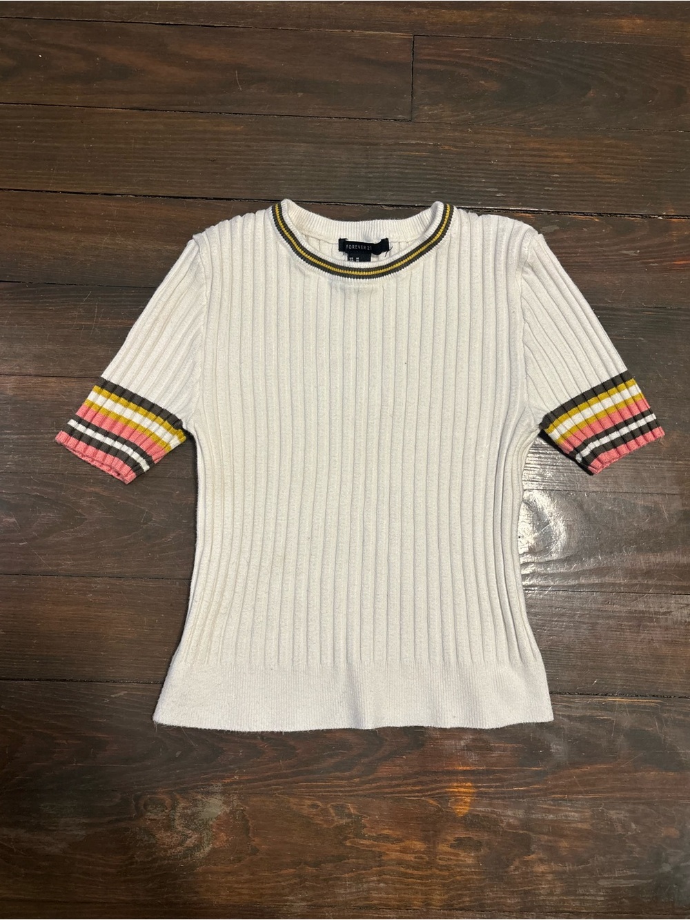 Forever 21 White Ribbed Tee with Yellow and Black Neckline Stripe